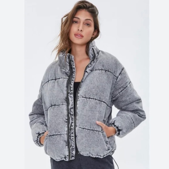 Garage Acid Washed Denim Puffer Jacket Size L EUC - Picture 8 of 8